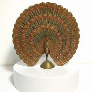 Vintage Indian Hand-Etched Red Green Enamel Brass Peacock Figurine 8"